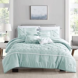 Linen Mart Full/Queen Size Ruffle Baby Blue Pleated Comforter - 7 Piece Set